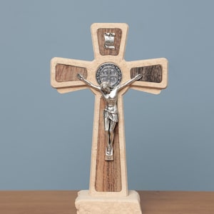 St. Benedict Limestone Standing Cross: Unique Wood Inlay