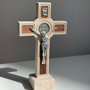 St. Benedict Limestone Standing Cross with Plum Wood