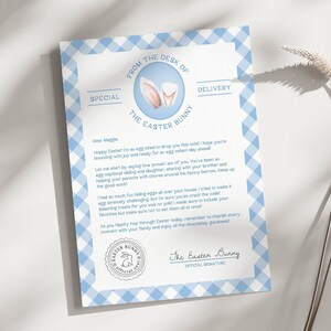Carta editable del conejito de Pascua / Carta imprimible del conejito de Pascua, carta del escritorio del conejito de Pascua, imprimible de Pascua, Gingham