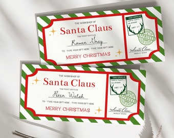 Christmas Gift Voucher Template | Editable Gift Ticket, Santa Claus Gift Voucher, Green Stripe, Last Minute Gift, Santa Gift Certificate, G3