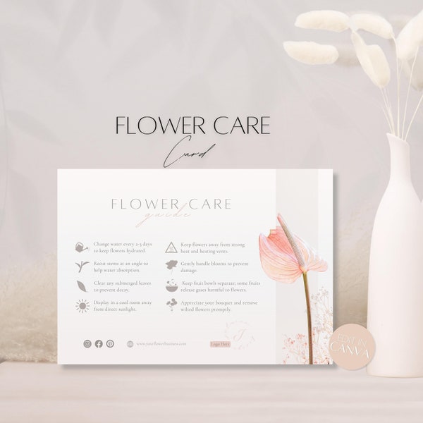 Flower Care Card Template, Florist Instructions Card for Clients, Professional Client Floral Care Guide, Canva Template for Flower Business