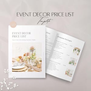 Sjabloon prijslijst evenementdecorateur, bewerkbaar prijsmenu feestdecoratie, professionele prijspresentatie, bruiloftplanning Zakelijke pakketten