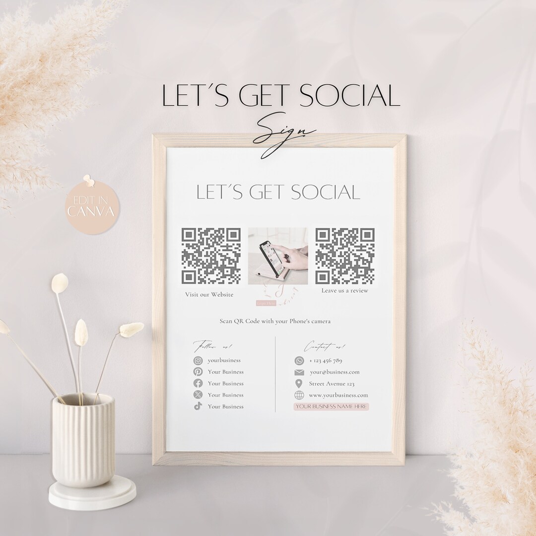 Let's Get Social Template, Editable QR Code Sign, Printable Social ...