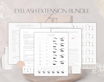 May include: A set of printable forms for eyelash extension services. The forms include a client intake form, a patch test form, and a style guide with different lash styles and lengths. The forms are designed to be used by lash technicians.