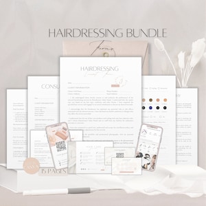 Paquete de formularios de peluquería, plantillas de acuerdos comerciales de cabello editables, tarjeta de cuidado de peluquería profesional, herramientas de servicios de peluquería