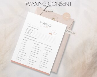 Könnte beinhalten: Ein weißes Einverständnisformular für Waxing-Dienstleistungen mit einem rosafarbenen Blumenmuster. Das Formular enthält Abschnitte für Kundeninformationen und Krankengeschichte. Das Formular trägt den Titel "Waxing Consent" und hat eine Beschriftung "7 Seiten".
