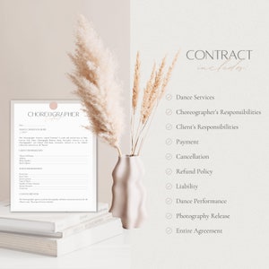 May include: A white contract template for a choreographer with a checklist of services included: Dance Services, Choreographer's Responsibilities, Client's Responsibilities, Payment, Cancellation, Refund Policy, Liability, Dance Performance, Photography Release, and Entire Agreement.