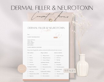 May include: A printable dermal filler and neurotoxin consent form with a pink and white color scheme. The form includes sections for client information, medical history, and allergies. The form is titled "Dermal Filler & Neurotoxin Consent Form" and has a floral design in the corner. The form is 9 pages long.