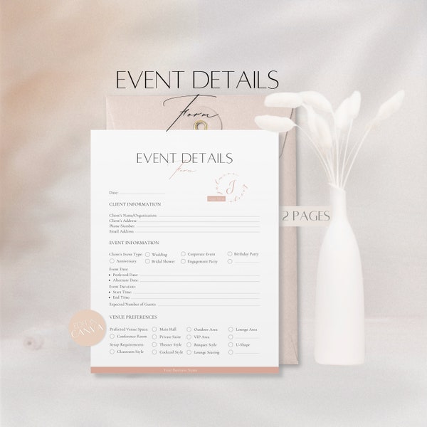 Event Details Form Template, Editable Party Planning Information, Professional Venue Services Document, Printable Event Business Canva Files