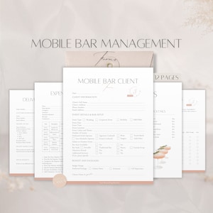 Könnte beinhalten: Eine druckbare Checkliste für das mobile Barmanagement mit Abschnitten für Kundeninformationen, Veranstaltungsdetails, Bar-Setup, Budget und Pakete sowie Cocktails. Die Checkliste ist für ein mobiles Bargeschäft konzipiert.