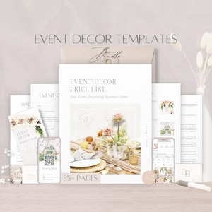 Event Decorator Templates Bundle, bearbeitbarer Event-Dekorationsvertrag, Hochzeitsdekor-Services-Formulare, Geschäftsvereinbarung Doc, Canva-Broschüre