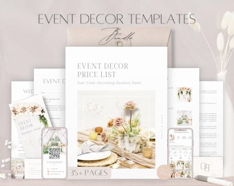 Lot de modèles pour décorateur d&#39;événement, contrat modifiable de décoration d&#39;événement, formulaires de services de décoration de mariage, document d&#39;accord commercial, brochure Canva