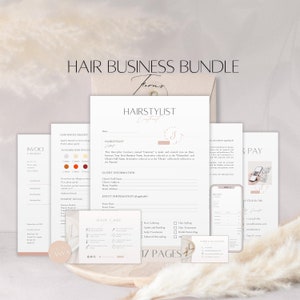 Plantilla de formularios de paquetes de negocios de cabello, contrato de estilista editable, tarjeta de cuidado del cabello de cliente profesional, herramientas de servicio de peluquería archivo Canva