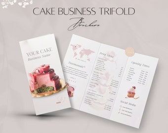 Cake Trifold Brochure Template, Editable Baker Pricing Menu File, Professional Bakery Services Booklet, Wedding Cake Business, Canva File