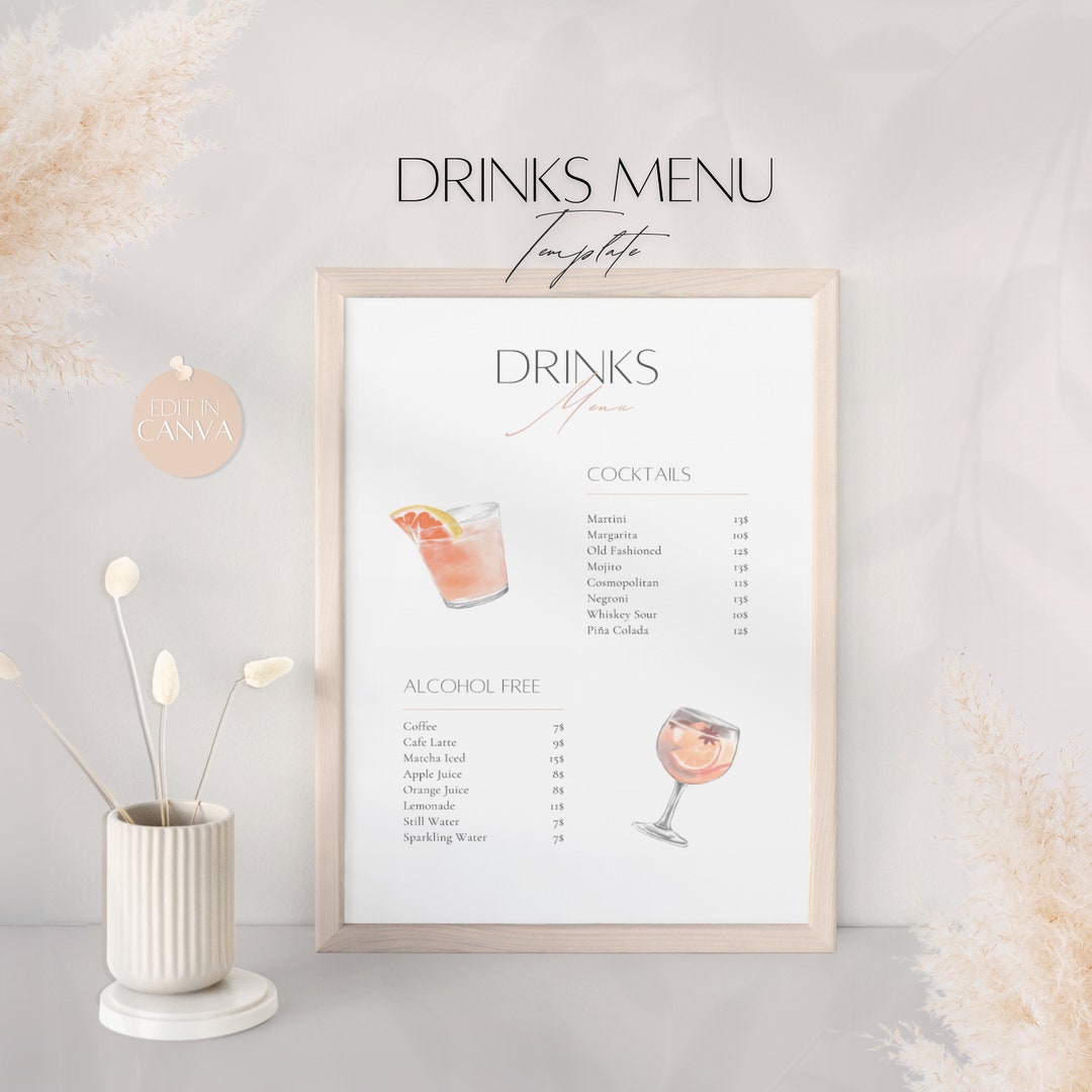 Mobile Bar Drinks Menu Template, Editable Bartender Cocktails Pricing
