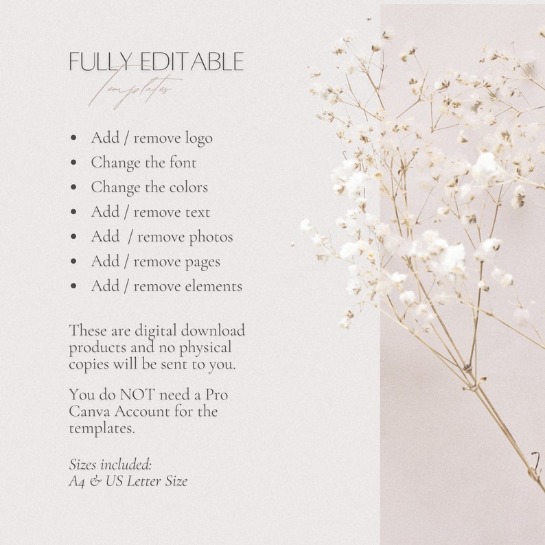 May include: A digital download template for creating a design. The text reads "FULLY EDITABLE" and lists features such as adding or removing logos, changing fonts, colors, text, photos, pages, and elements. The text also states that a Pro Canva account is not needed for the templates. The sizes included are A4 and US Letter Size.