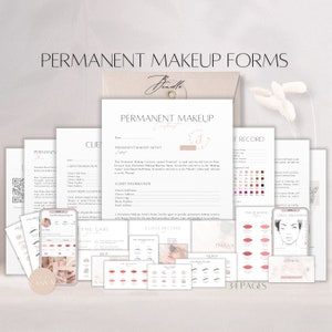 Maquillage permanent, formulaires groupés ultimes, contrat commercial PMU modifiable, contrat d'admission client, carte de suivi, modèles canva esthéticienne