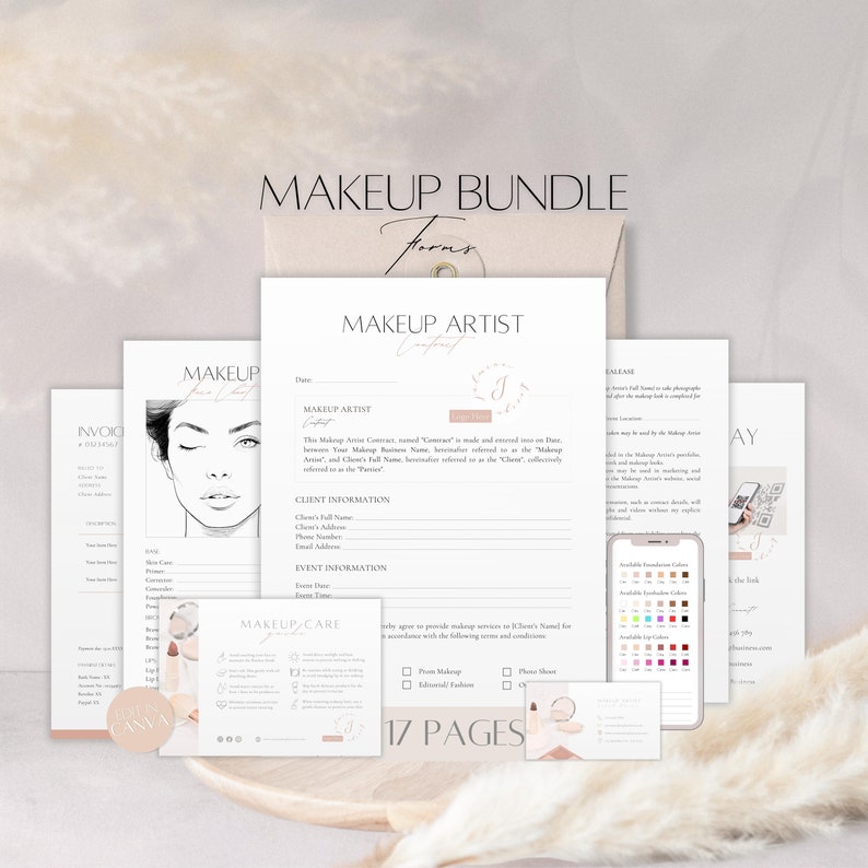 Makeup Artist Bundle Forms, Editable Makeup Service Contract, Professional Client Agreement, Makeup Care Card, Canva Template Business Tools image 1