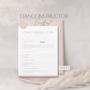 Op de afbeelding: Een afdrukbare sjabloon voor een dansinstructeurscontract met een roze en wit kleurenschema. Het document bevat secties voor klantgegevens, danslesdetails en dansinstructiediensten. De tekst "Dansinstructeurscontract" staat bovenaan de pagina. De tekst "5 pagina's" staat rechtsonder op de pagina.