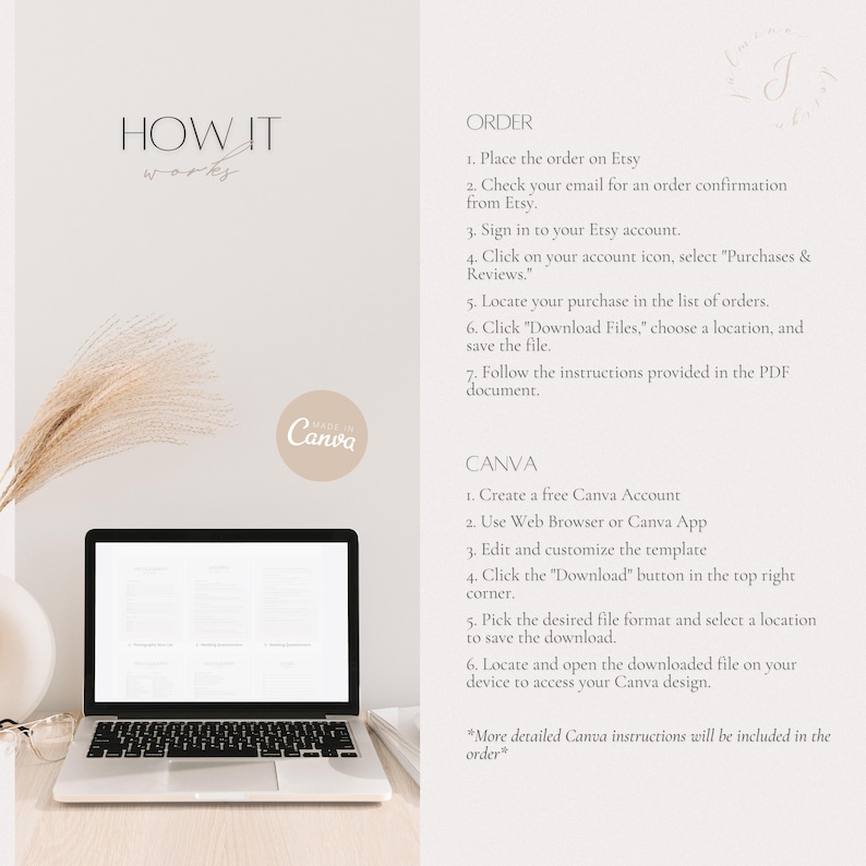 May include: A laptop computer screen displaying a Canva design template with the text "HOW IT works" and "Made in Canva". The laptop is on a white surface with a dried grass plant in the background. The text "ORDER" and "CANVA" are listed with numbered steps on how to download the template.