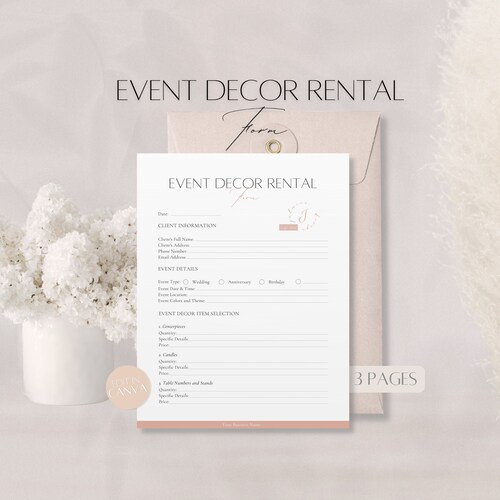 Event Decor Item Rental Form, Editable Event Supplies Rent, Professional Business Document, Rental Service Client Agreement, Canva Template