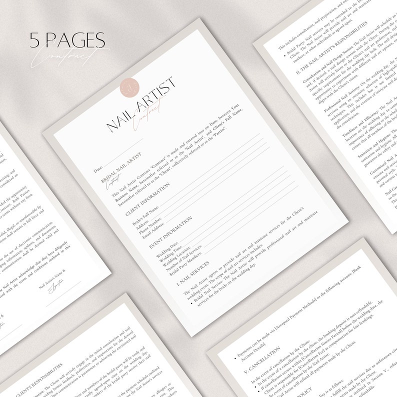 May include: A bridal nail artist contract, titled "NAIL ARTIST CONTRACT", with the text "5 PAGES". The document outlines client information, event details, and nail services. The contract is printed on white paper with a soft, neutral colour scheme.