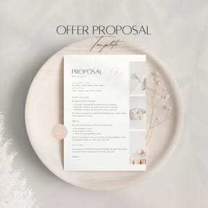 May include: A beige and white offer proposal template with the title "Offer Proposal" in black text. The document includes sections for "Scope of Work" and "Pricing".