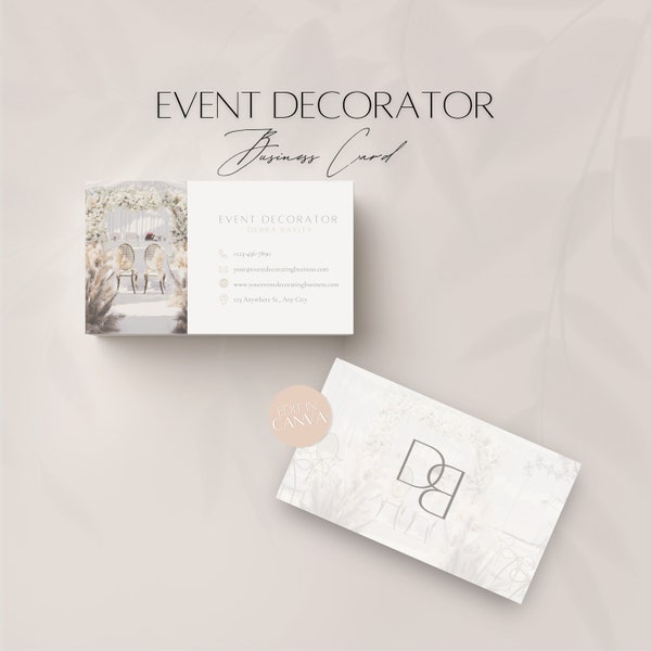 Event Decorator Business Card Template, Editable Decor Info Card Design, Professional Client Event Services, Personalizable Canva Template