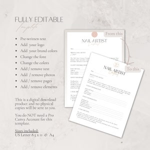 May include: A digital template for a nail artist's contract, featuring a bridal nail artist contract. The design includes editable elements, pre-written text, and options to add logos and brand colours. Sizes include US Letter 8.5 x 11 and A4.