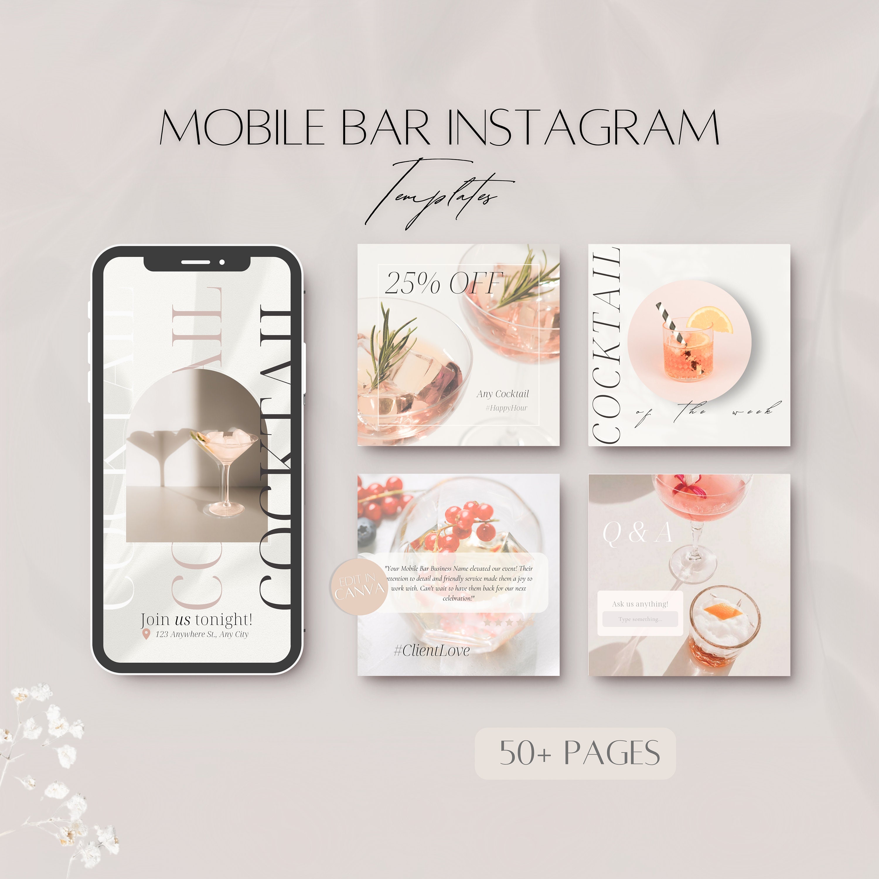 Mobile Bar Instagram Templates, Bartender Social Media Posts, Professional IG Bundle, Bartending Business Stories Highlights, Canva Packages
