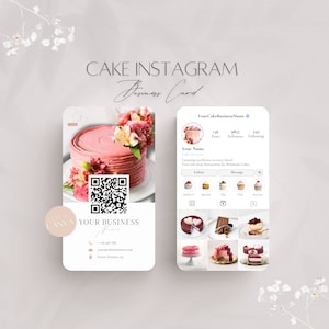 ケーキの Instagram 名刺テンプレート、編集可能なケーキ名刺、プロフェッショナルなソーシャル メディア QR コード カード、Canva ベーカー サービス情報