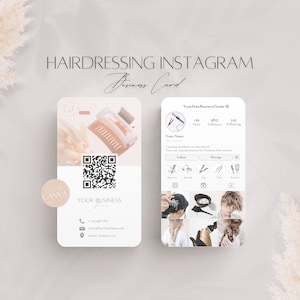 Friseur-Instagram-Visitenkartenvorlage, bearbeitbare Beauty-Friseursalon-Informationen, professionelle Haardienstleistungen, Social-Media-QR-Code, Canva-Datei