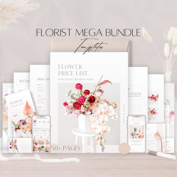 Florist Mega Bundle Templates, Editable Flower Services Contract, Social Media Designs, Floral Business Agreement, Cards, Price Lists, Forms
