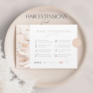 Modello per biglietto per la cura delle extension dei capelli, istruzioni modificabili per il parrucchiere, guida per i capelli del cliente, design per biglietto per salone professionale, consigli per le extension