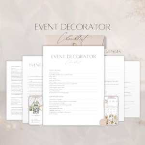 Modèle de liste de contrôle pour décorateur d'événement, formulaires de consultation modifiables pour une décoration d'événement, décoration de documents commerciaux, feuilles de travail sur les services d'organisation de soirées client