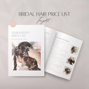 Modelo de lista de preços para serviços de cabeleireiro nupcial, menu editável de preços de salão de beleza, guia de preços para clientes de cabeleireiro profissional, arquivo Canva para negócios de cabelo