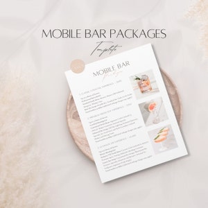 Könnte beinhalten: Ein weißes Blatt Papier mit einem rosafarbenen und goldenen Design. Das Papier listet drei mobile Bar-Pakete mit Beschreibungen und Preisen auf. Die Pakete heißen "Classic Cocktail Experience", "Premium Mixology Experience" und "Ultimate VIP Experience".