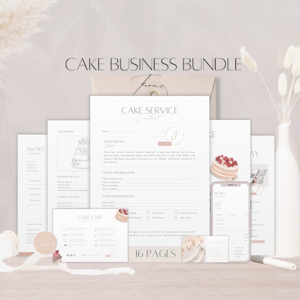 Cake Business Bundle Forms, Editable Cake Baker Contract, Professional Cake Menu Template, Client Cake Care Card, Bakery Service Order Tools