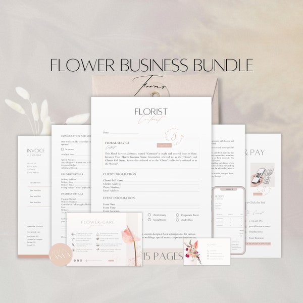 Florist Business Bundle Forms, Editable Flowers Contract, Custom Client Flower Care Card, Professional Floral Services Tools, Canva Template