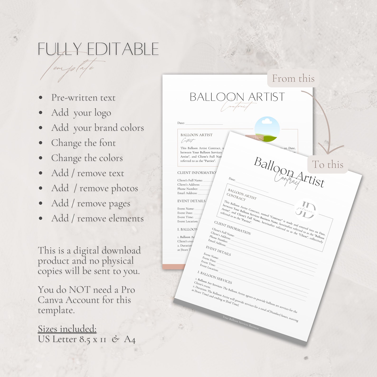 Balloon Service Contract Template, Editable Balloon Artist Form ...