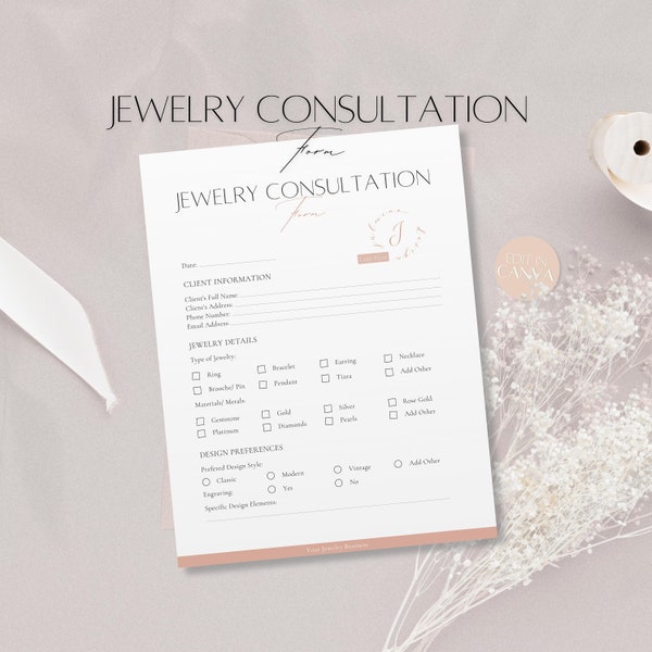 Jewelry Consultation Form Template, Editable Client Jewelry Service Form, Jewelry Business Consulting, Printable Canva Template for Jewelers