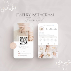 Schmuck Instagram Visitenkarten Vorlage, bearbeitbare Schmuck Business Info, professionelle Social Media QR Code Karte, Juwelier Dienstleistungen Canva