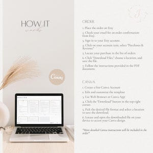 May include: A laptop screen displaying a digital template with instructions on how to order and download a digital product from Etsy. The text on the screen reads "How It Works" and "Order". The text on the screen also includes instructions on how to use Canva to edit and customise the template.