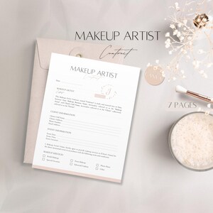 Può includere: Un modello di contratto per truccatori di 7 pagine con un design floreale e il testo "Makeup Artist Contract" in alto. Il contratto include sezioni per le informazioni del cliente, le informazioni sull'evento e i servizi di trucco.