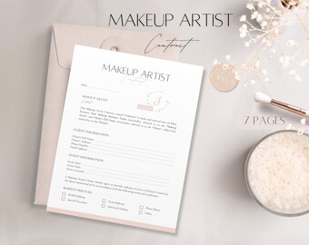 Puede incluir: Una plantilla de contrato de maquilladora de 7 páginas con un diseño floral y el texto "Makeup Artist Contract" en la parte superior. El contrato incluye secciones para la información del cliente, la información del evento y los servicios de maquillaje.