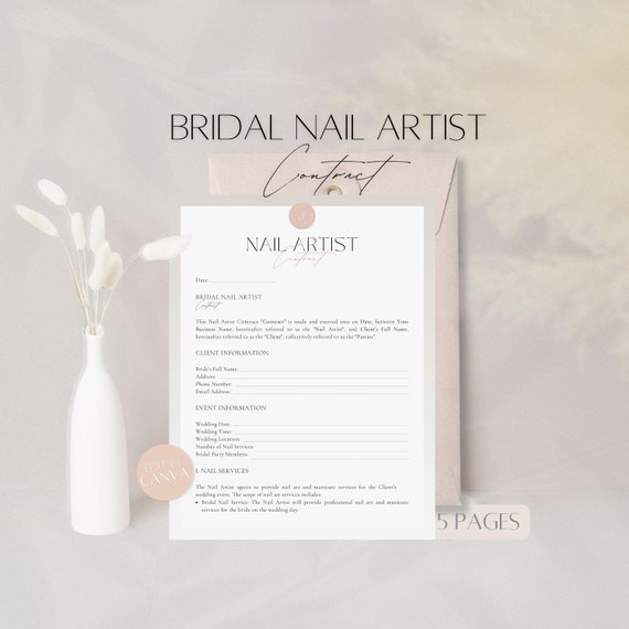 Bridal Nail Artist Contract, Nail Services Contract, Professional Client Service Agreement, Nails Business, Canva Template Nail Technicians