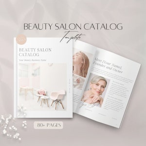 Szablon katalogu salonu piękności, edytowalny magazyn eksperta od urody, minimalistyczny lookbook Canva, przewodnik po usługach dla klientów profesjonalnych, książka powitalna