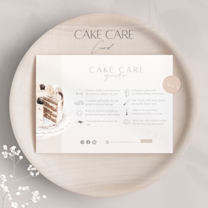 ケーキのお手入れカード テンプレート、ケーキの説明書カード、プロのクライアント向けケーキのお手入れガイド、ケーキビジネスオーナー向けの印刷可能な Canva テンプレート