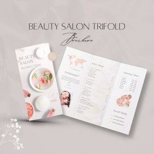 Modelo de folheto com três dobras para salão de beleza, livreto de esteticista editável, documento comercial de beleza profissional, menu de preços de serviços, arquivo Canva