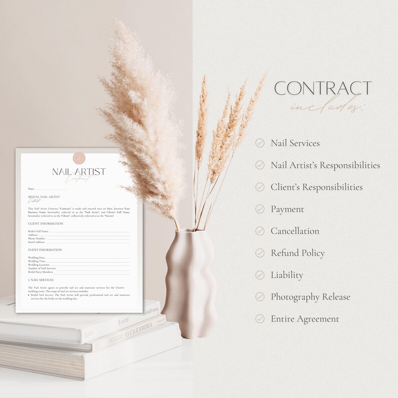 May include: A bridal nail artist contract with the text "Nail Artist" and a list of contract inclusions. A vase with dried flowers sits next to the contract. The contract includes nail services, responsibilities, and policies.